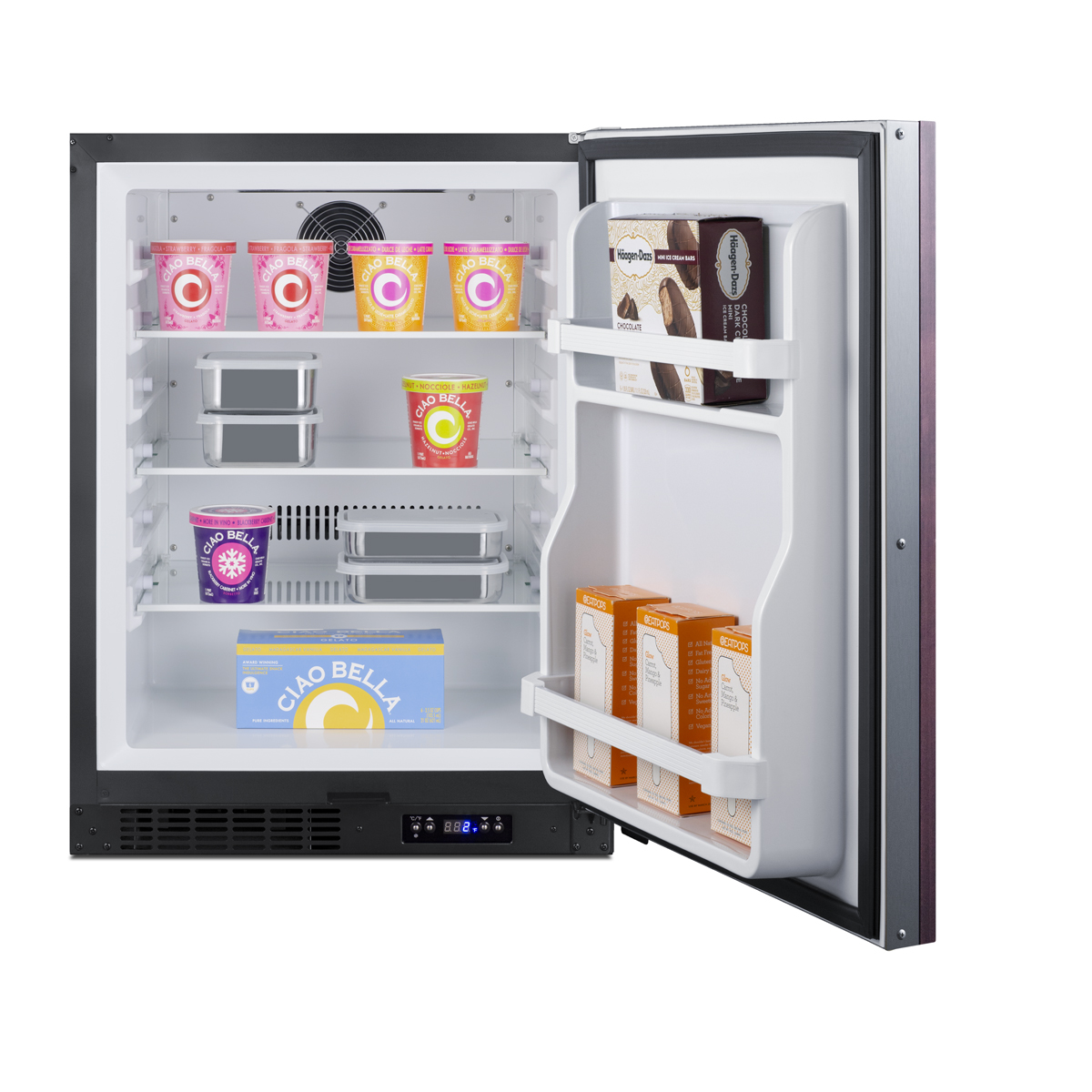 Built-in undercounter ADA compliant frost-free all-freezer with panel-ready door, black cabinet, door storage, lock, and digital controls